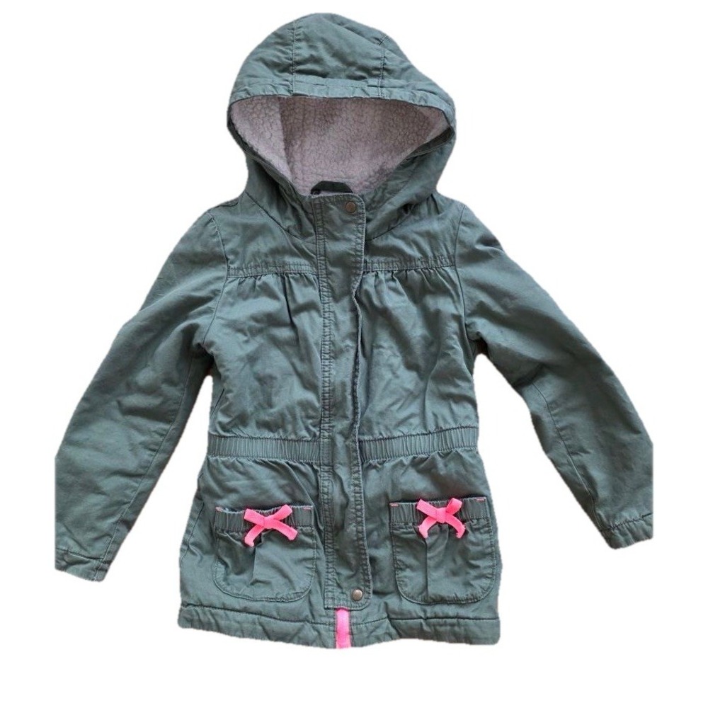 CHEROKEE Girls Army Green Pink Bows Lined Hooded Jacket Size 5 A0001043